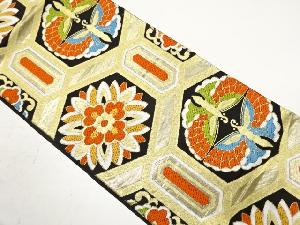 アンティーク　亀甲に華紋・向かい蝶模様織り出し袋帯（着用可）